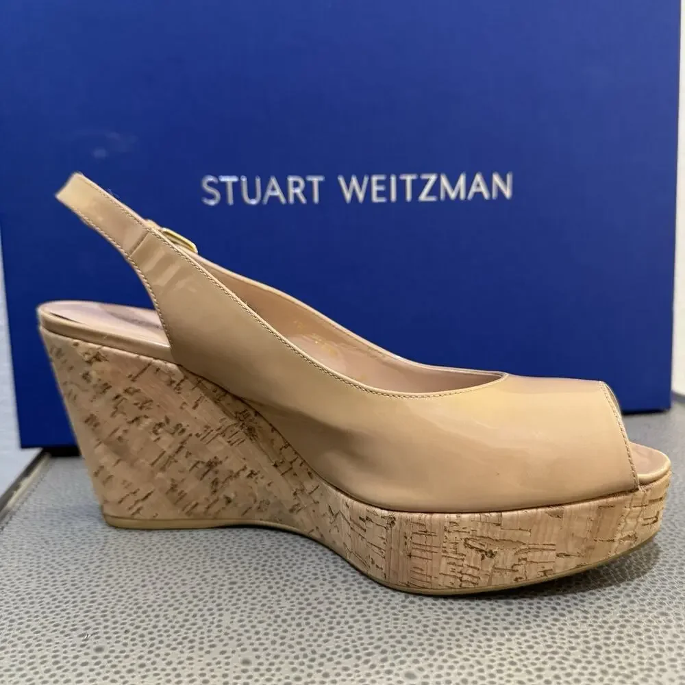 STUART WEITZMAN AUTH $399 Women Beige Patent Leather Jean Wedge Sandals Size 9 M
